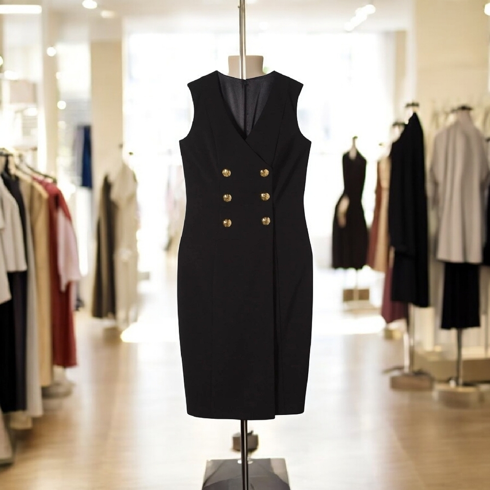 White House Black Market Double Breasted Elegant Black Sleeveless Dress 12